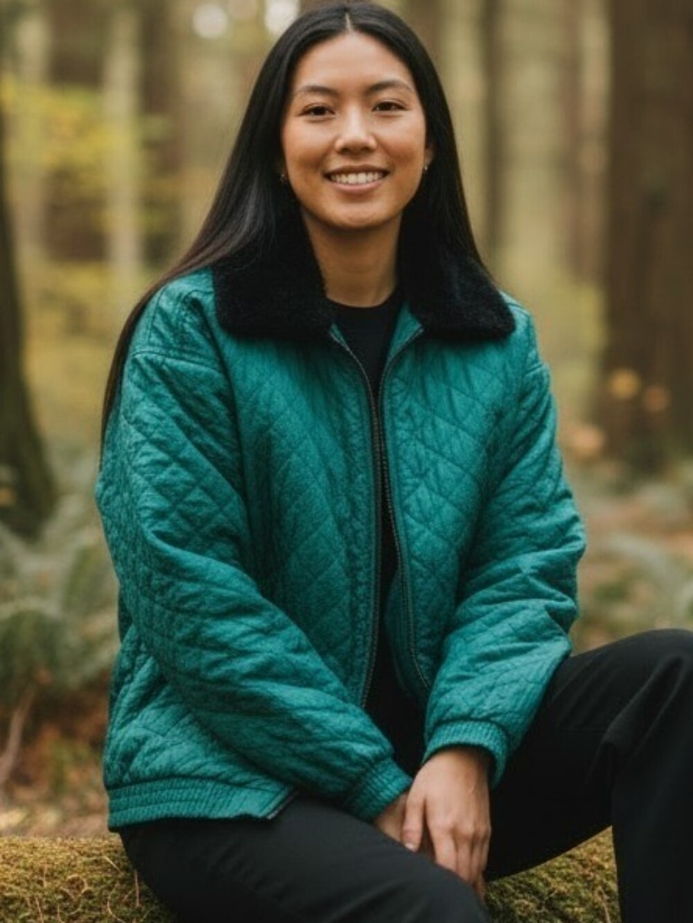 Vintage EVR Silk Teal Quilted Women's Jacket with Faux Fur Collar - Size Large